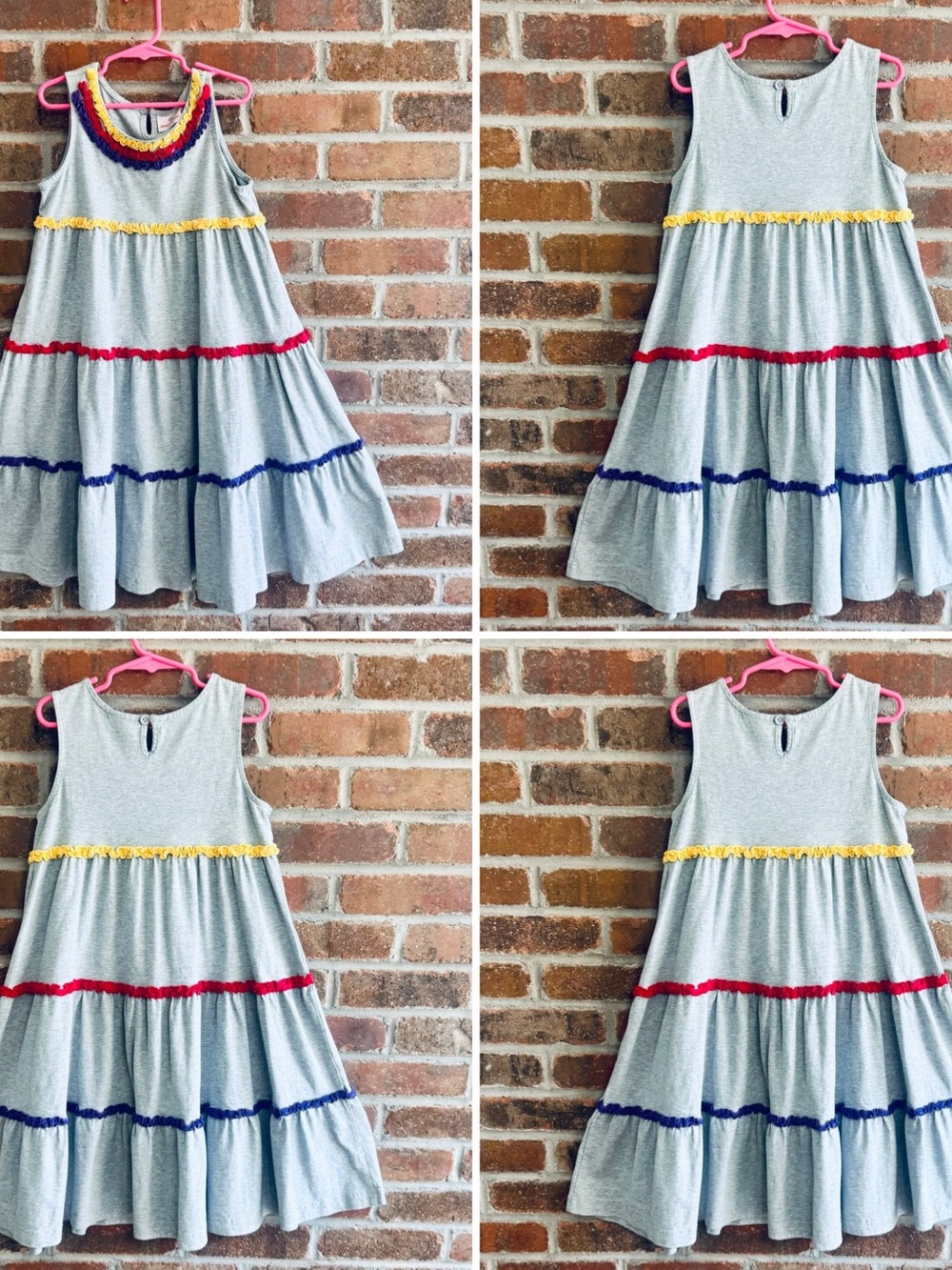 Hanna Andersson Gray Tiered Sleeveless Dress with Yellow, Red & Purple Trim